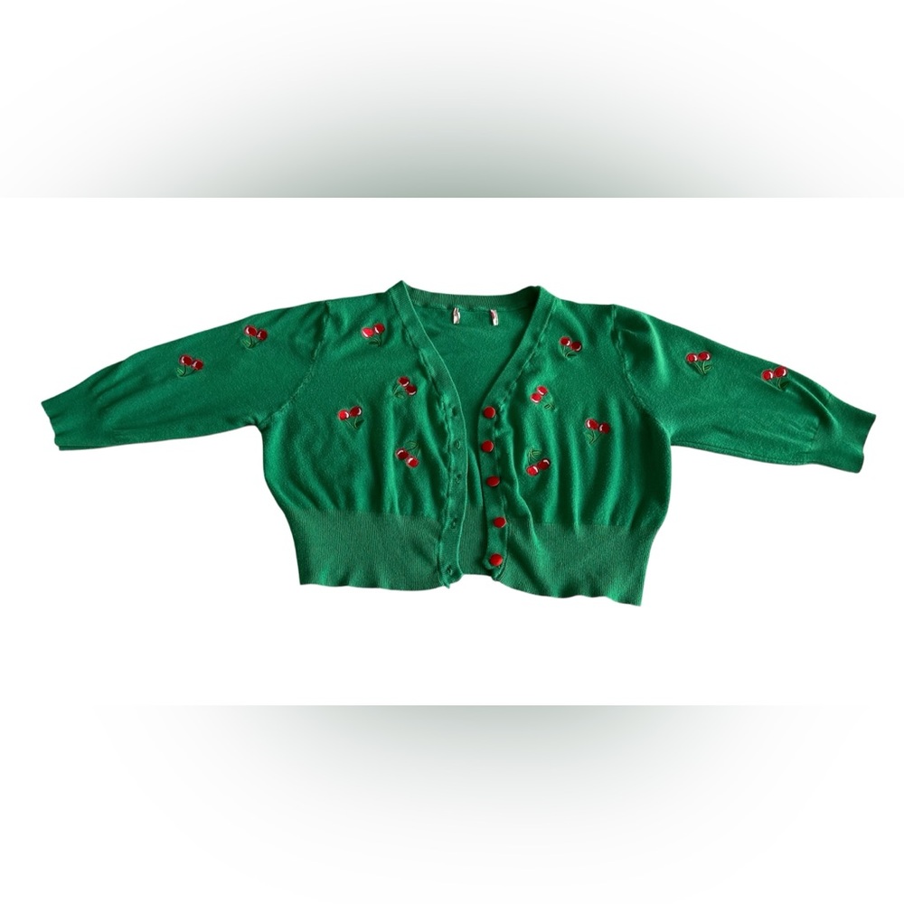Green Belle Poque Retro Cherry Button Up Cropped Cardigan - Picture 2 of 13